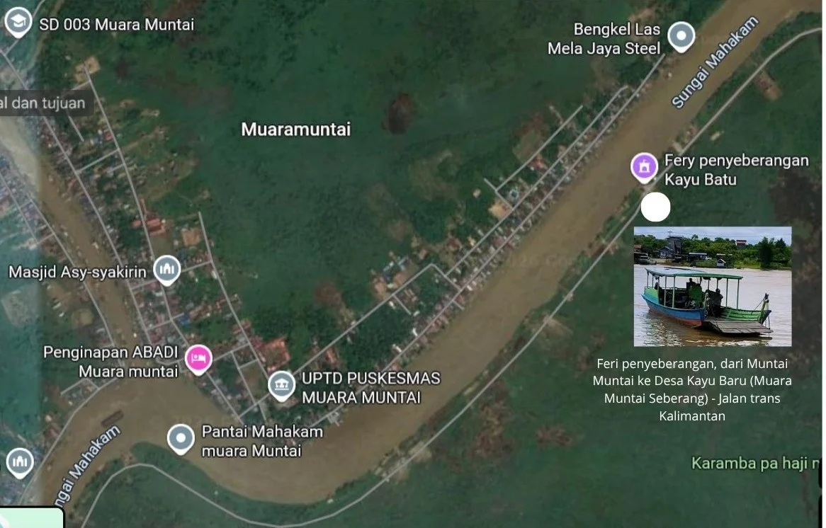 Koneksi di Muara Muntai menggunakan feri penyeberangan ke jalan trans Kalimantan